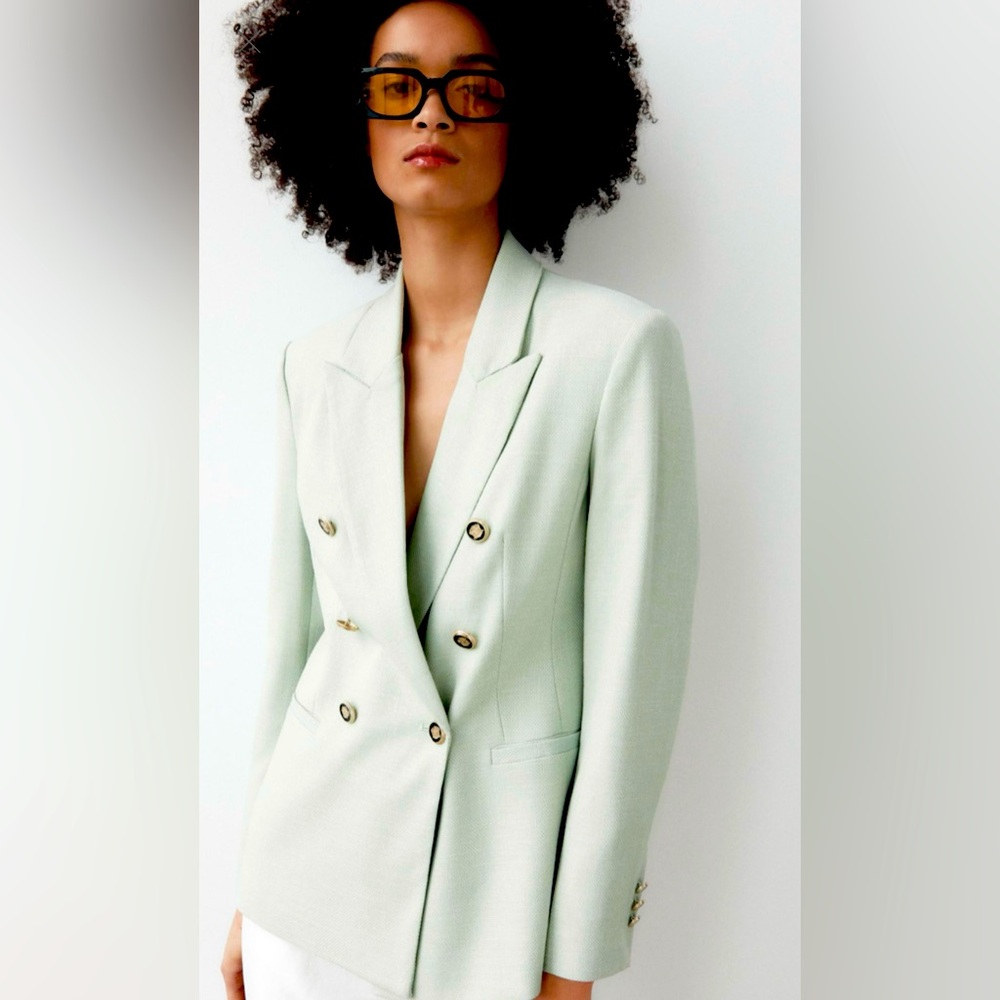 150$$ NWT Zara Light Green Double-Breasted Blazer –Size Large - Picture 3 of 16
